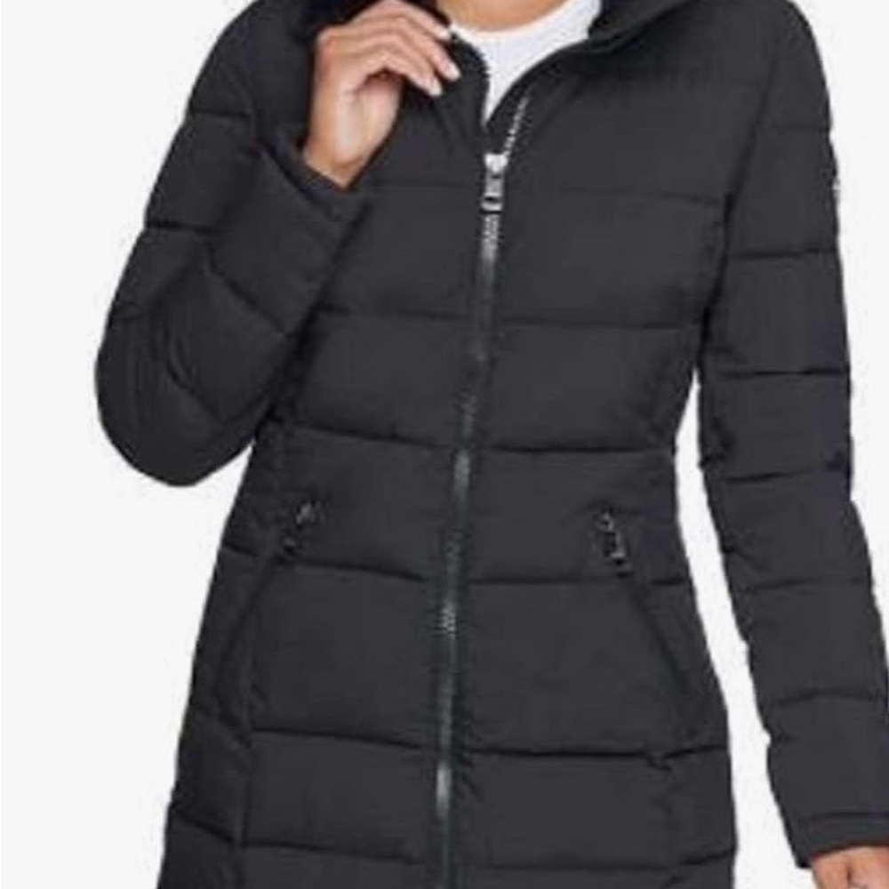 Andrew Marc ladie’s long stretch coat fur hooded ja Sz XL & XXL color black NWT - Picture 2 of 7